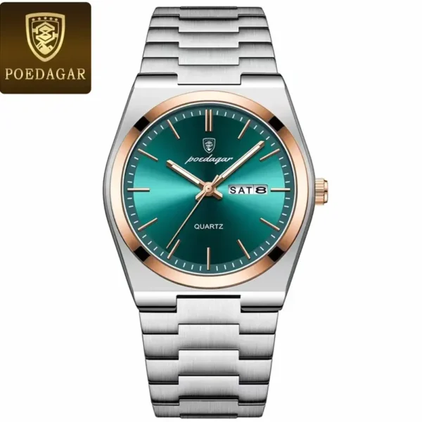 POEDAGAR 930 Men's New Luxury Luminous Date Week Stainless Steel Quartz Watch For Men(green) - Image 2