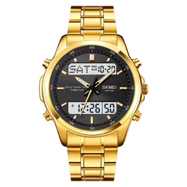 Skmei 2049 LED Dual Display Stainless Steel Stop watches Chronograph Waterproof Watch (Gold)